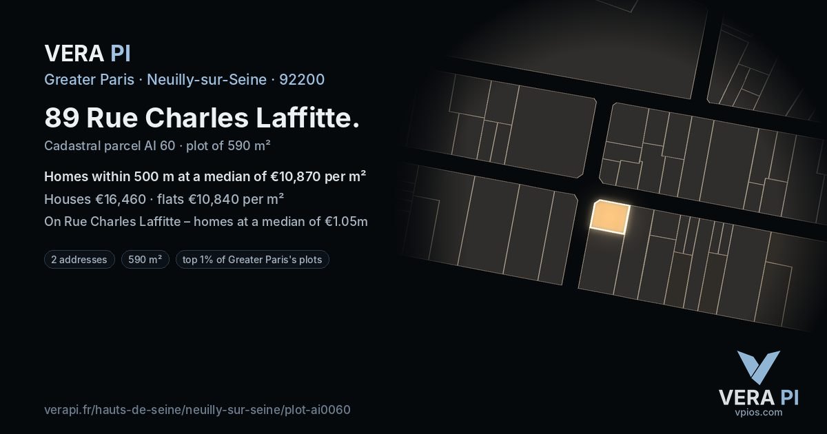 89 Rue Charles Laffitte, Neuilly-sur-Seine at night – the plot lit, the parcels around coloured by the prices near them