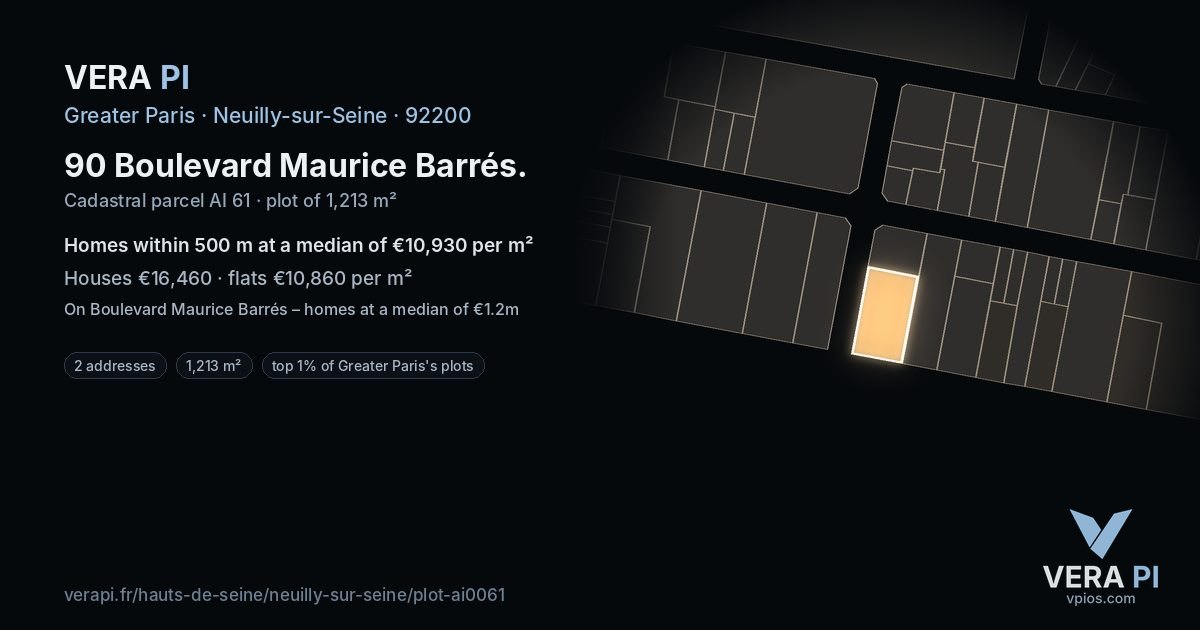 90 Boulevard Maurice Barrés, Neuilly-sur-Seine at night – the plot lit, the parcels around coloured by the prices near them