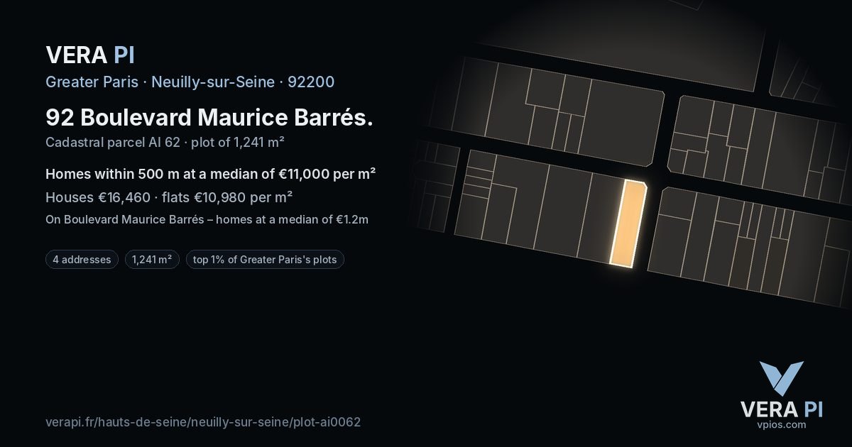 92 Boulevard Maurice Barrés, Neuilly-sur-Seine at night – the plot lit, the parcels around coloured by the prices near them