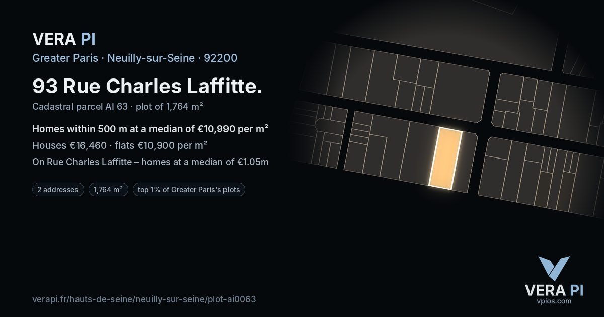 93 Rue Charles Laffitte, Neuilly-sur-Seine at night – the plot lit, the parcels around coloured by the prices near them