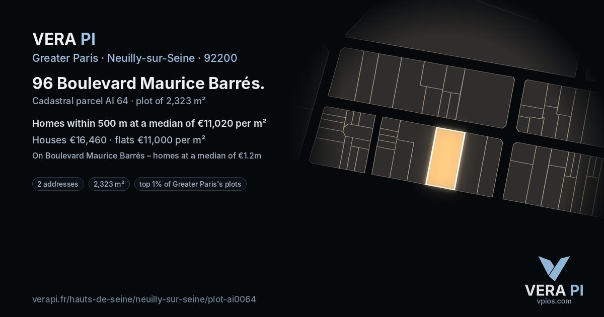 96 Boulevard Maurice Barrés, Neuilly-sur-Seine at night – the plot lit, the parcels around coloured by the prices near them