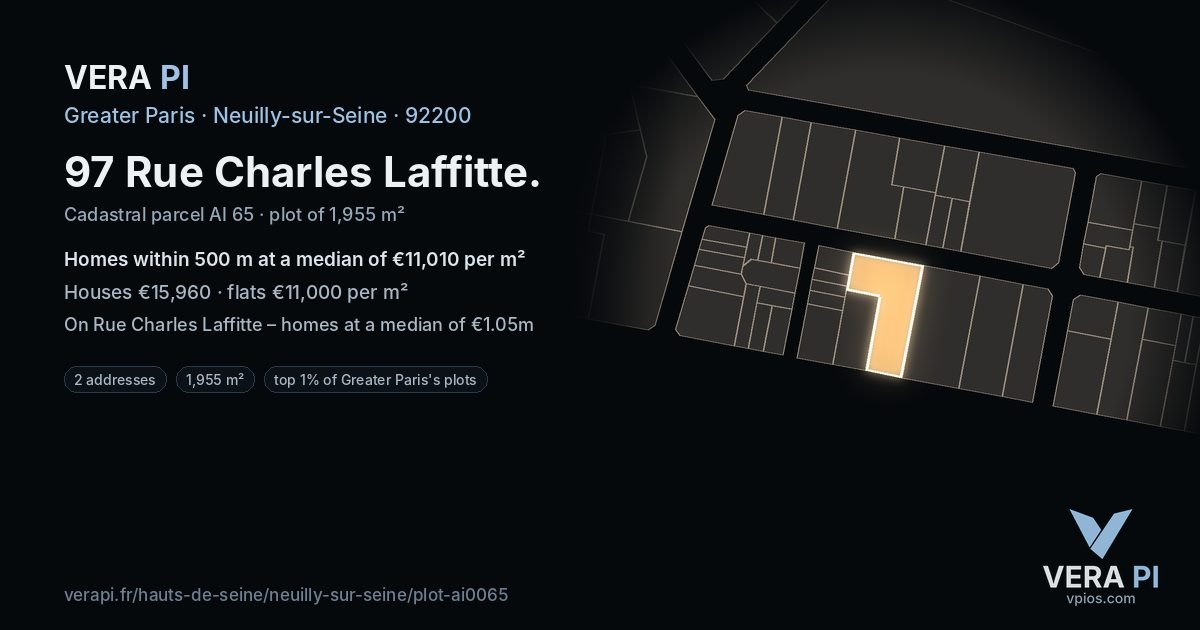 97 Rue Charles Laffitte, Neuilly-sur-Seine at night – the plot lit, the parcels around coloured by the prices near them