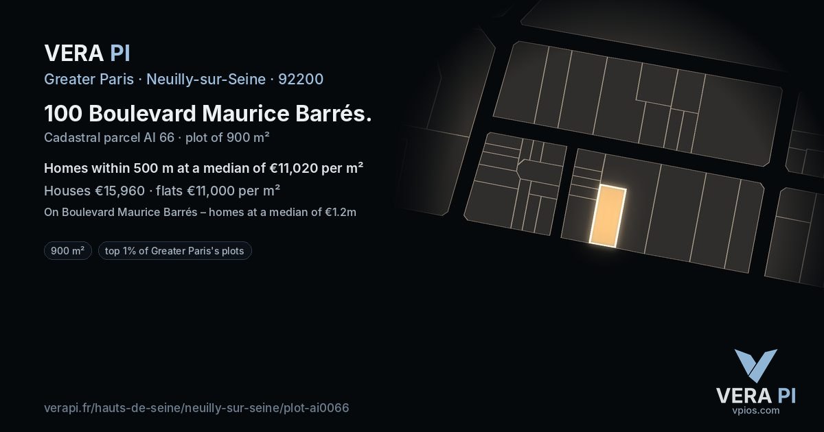 100 Boulevard Maurice Barrés, Neuilly-sur-Seine at night – the plot lit, the parcels around coloured by the prices near them