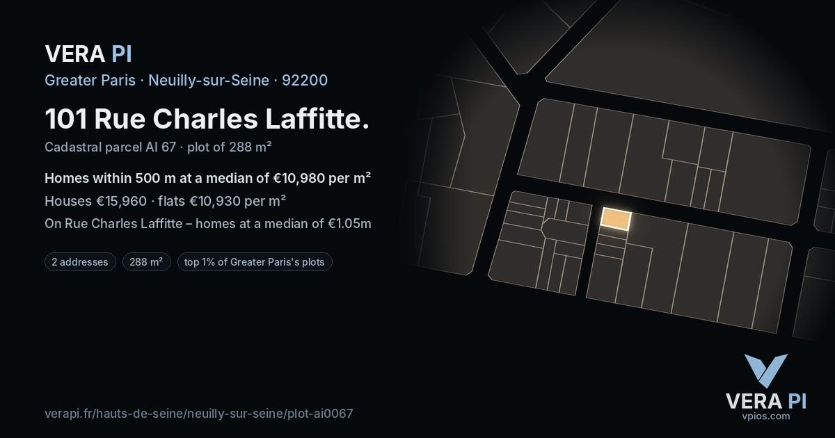 101 Rue Charles Laffitte, Neuilly-sur-Seine at night – the plot lit, the parcels around coloured by the prices near them