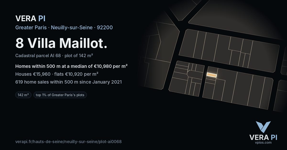 8 Villa Maillot, Neuilly-sur-Seine at night – the plot lit, the parcels around coloured by the prices near them