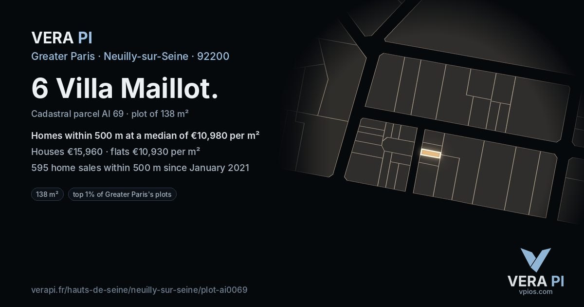 6 Villa Maillot, Neuilly-sur-Seine at night – the plot lit, the parcels around coloured by the prices near them