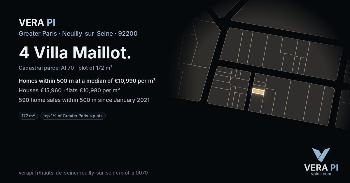 4 Villa Maillot, Neuilly-sur-Seine at night – the plot lit, the parcels around coloured by the prices near them