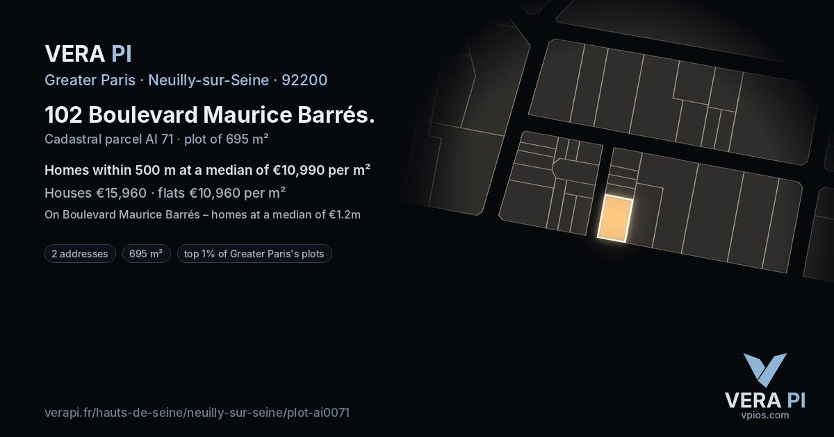 102 Boulevard Maurice Barrés, Neuilly-sur-Seine at night – the plot lit, the parcels around coloured by the prices near them