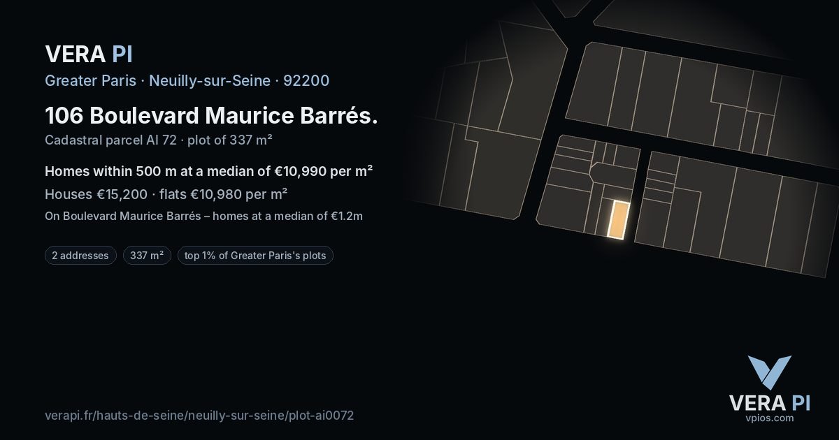 106 Boulevard Maurice Barrés, Neuilly-sur-Seine at night – the plot lit, the parcels around coloured by the prices near them