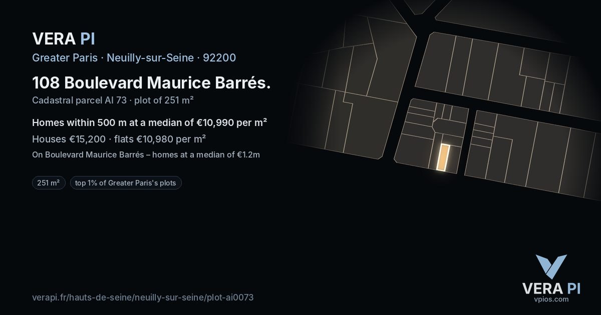 108 Boulevard Maurice Barrés, Neuilly-sur-Seine at night – the plot lit, the parcels around coloured by the prices near them