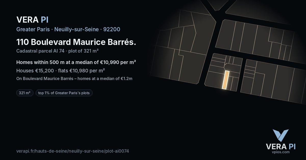 110 Boulevard Maurice Barrés, Neuilly-sur-Seine at night – the plot lit, the parcels around coloured by the prices near them
