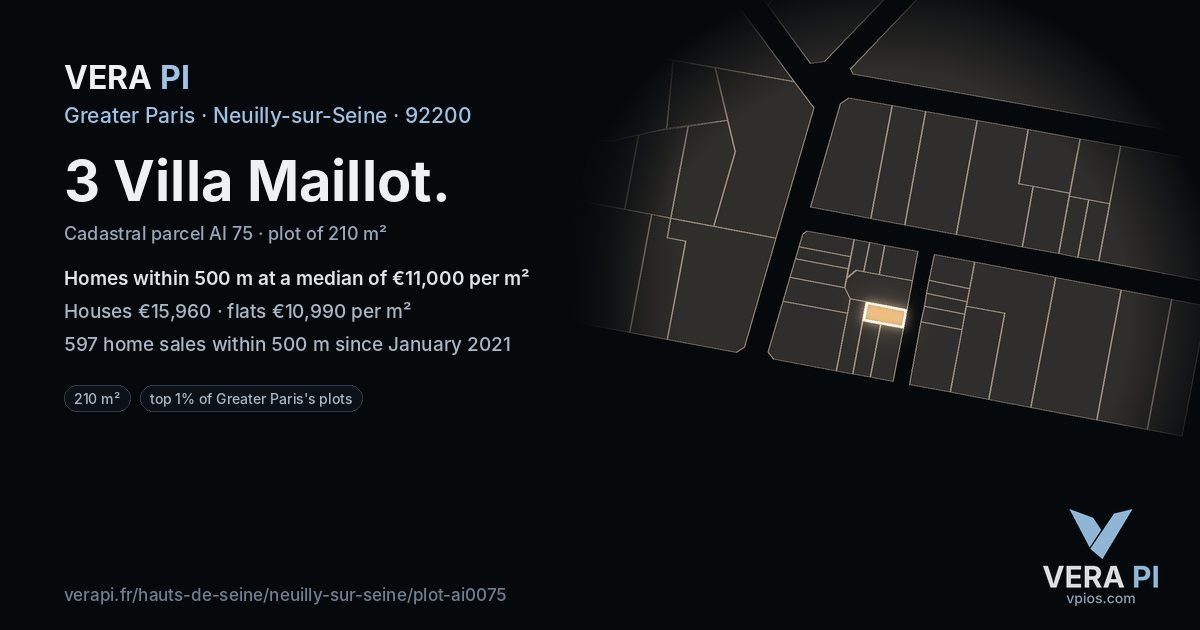 3 Villa Maillot, Neuilly-sur-Seine at night – the plot lit, the parcels around coloured by the prices near them
