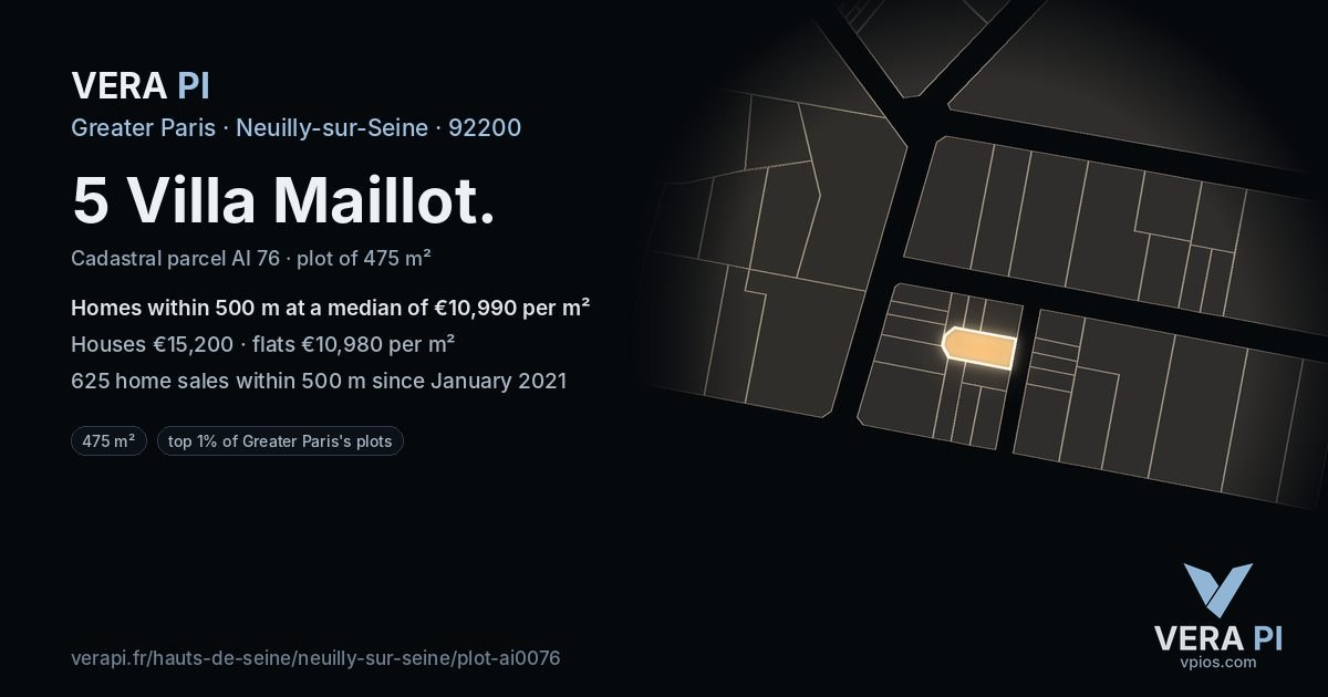 5 Villa Maillot, Neuilly-sur-Seine at night – the plot lit, the parcels around coloured by the prices near them