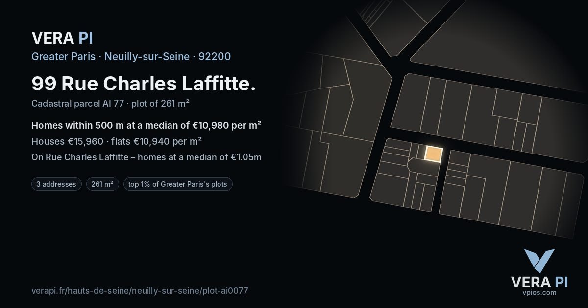 99 Rue Charles Laffitte, Neuilly-sur-Seine at night – the plot lit, the parcels around coloured by the prices near them