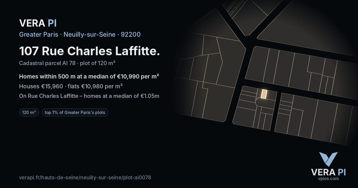 107 Rue Charles Laffitte, Neuilly-sur-Seine at night – the plot lit, the parcels around coloured by the prices near them