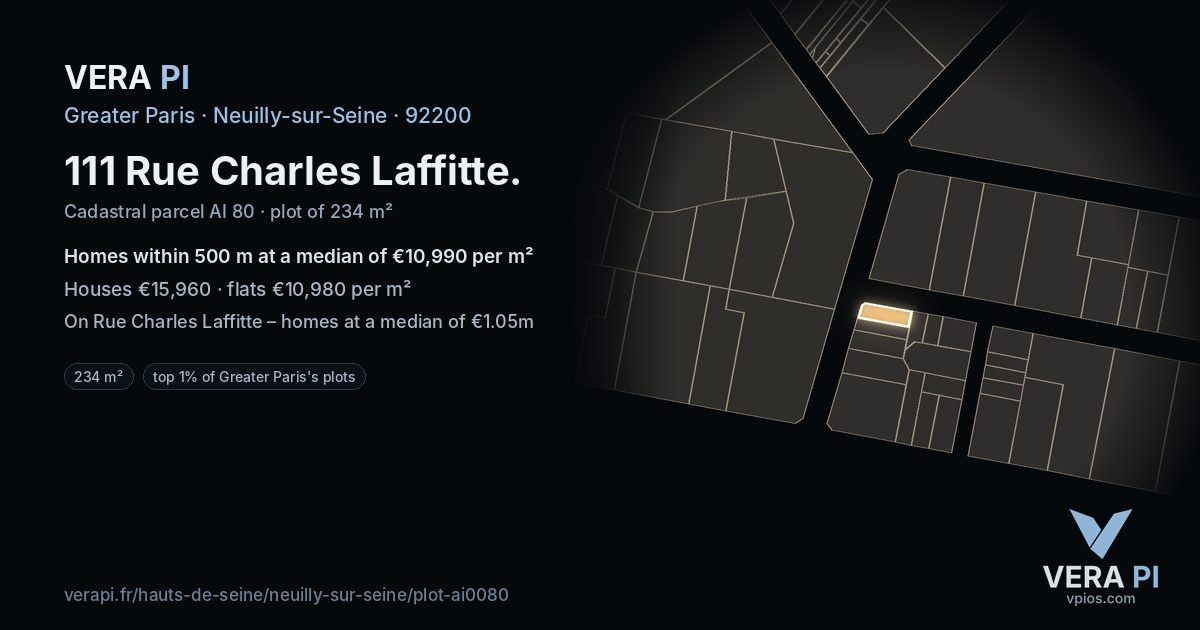 111 Rue Charles Laffitte, Neuilly-sur-Seine at night – the plot lit, the parcels around coloured by the prices near them