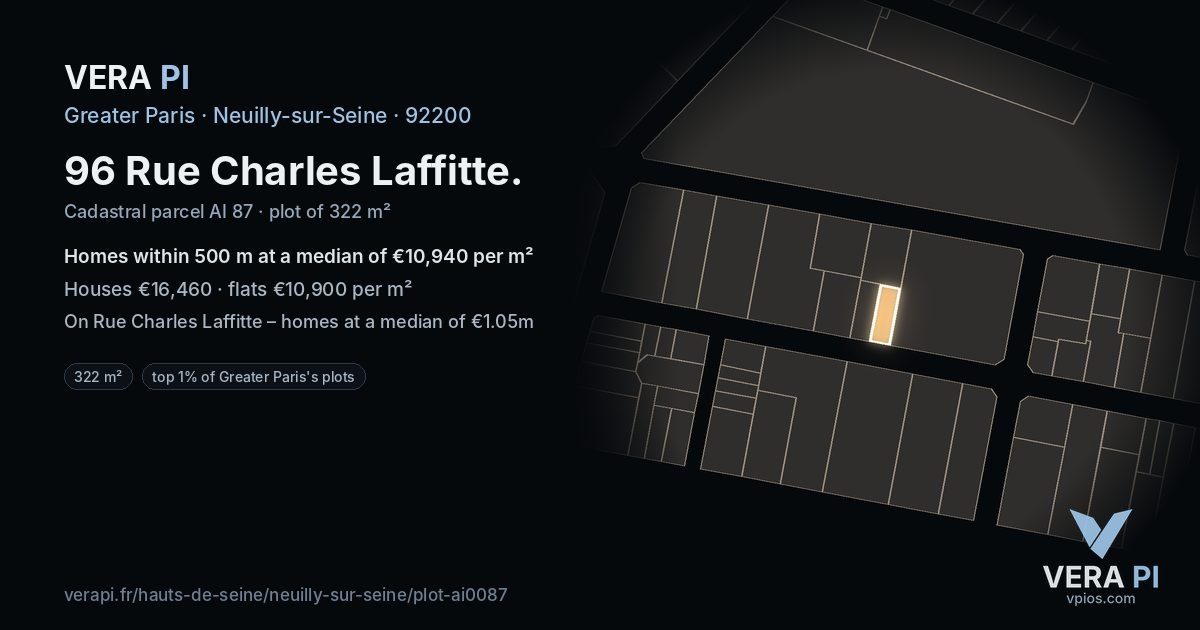 96 Rue Charles Laffitte, Neuilly-sur-Seine at night – the plot lit, the parcels around coloured by the prices near them