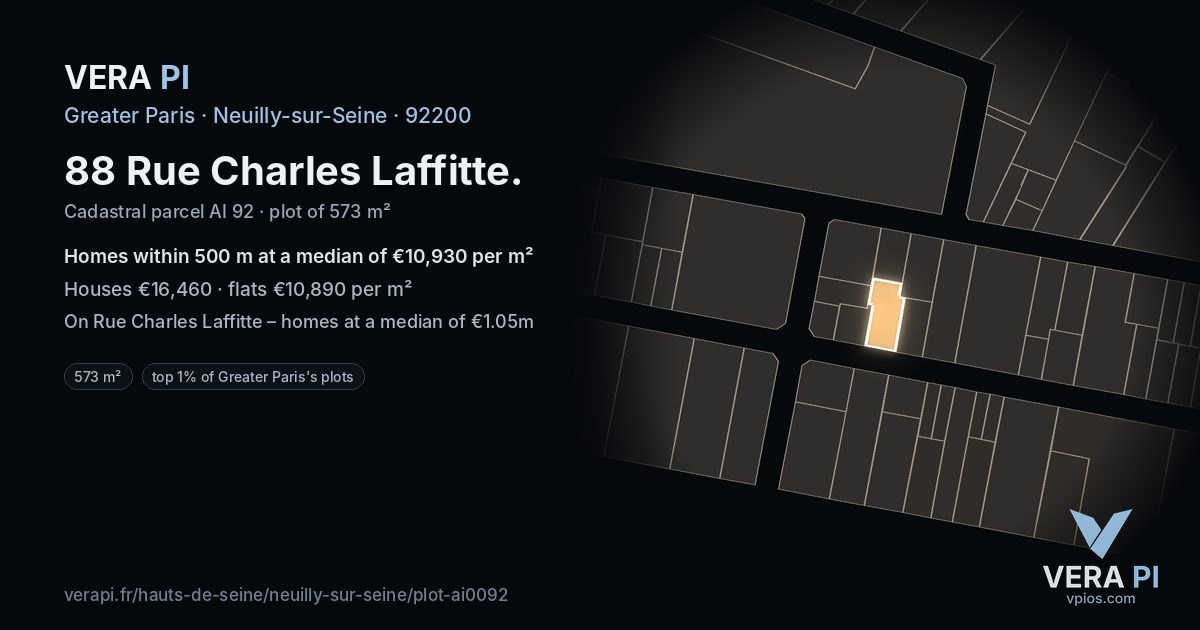 88 Rue Charles Laffitte, Neuilly-sur-Seine at night – the plot lit, the parcels around coloured by the prices near them