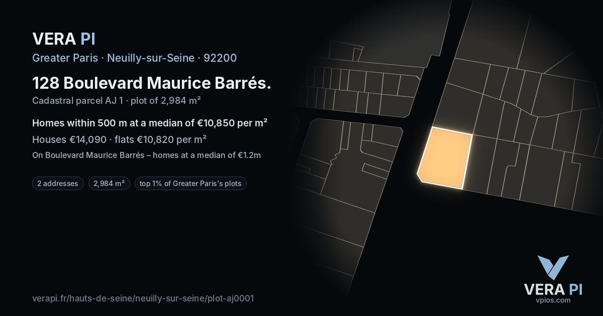 128 Boulevard Maurice Barrés, Neuilly-sur-Seine at night – the plot lit, the parcels around coloured by the prices near them