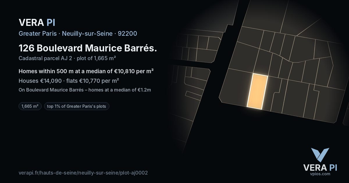126 Boulevard Maurice Barrés, Neuilly-sur-Seine at night – the plot lit, the parcels around coloured by the prices near them