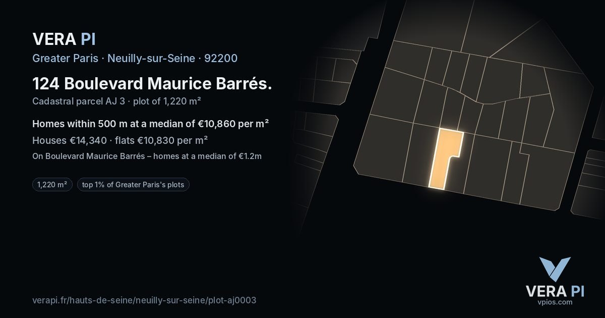124 Boulevard Maurice Barrés, Neuilly-sur-Seine at night – the plot lit, the parcels around coloured by the prices near them