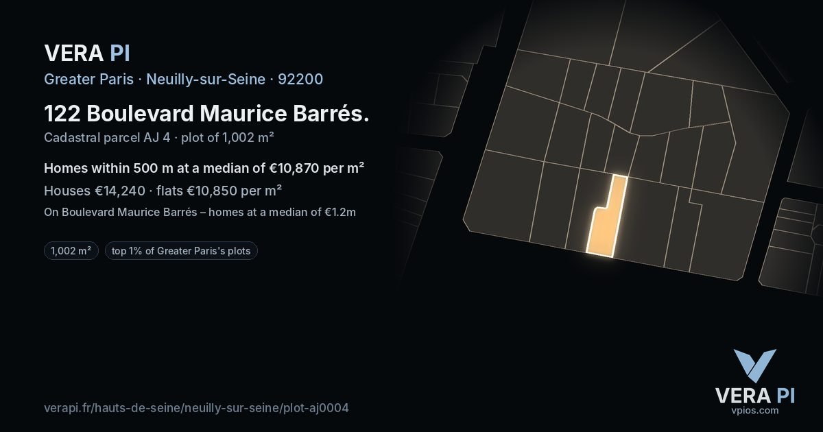 122 Boulevard Maurice Barrés, Neuilly-sur-Seine at night – the plot lit, the parcels around coloured by the prices near them