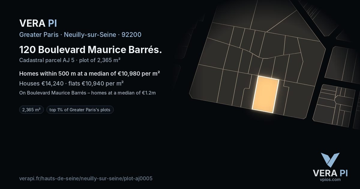 120 Boulevard Maurice Barrés, Neuilly-sur-Seine at night – the plot lit, the parcels around coloured by the prices near them