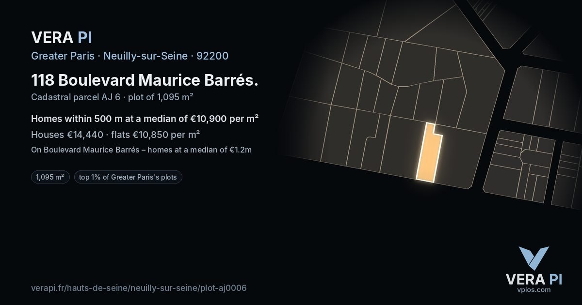 118 Boulevard Maurice Barrés, Neuilly-sur-Seine at night – the plot lit, the parcels around coloured by the prices near them