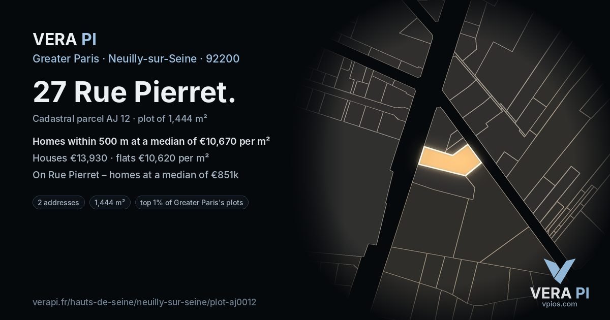 27 Rue Pierret, Neuilly-sur-Seine at night – the plot lit, the parcels around coloured by the prices near them