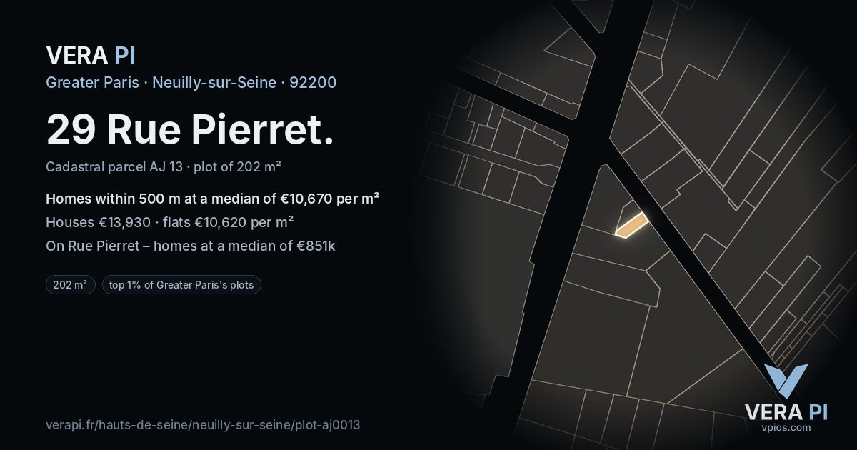 29 Rue Pierret, Neuilly-sur-Seine at night – the plot lit, the parcels around coloured by the prices near them