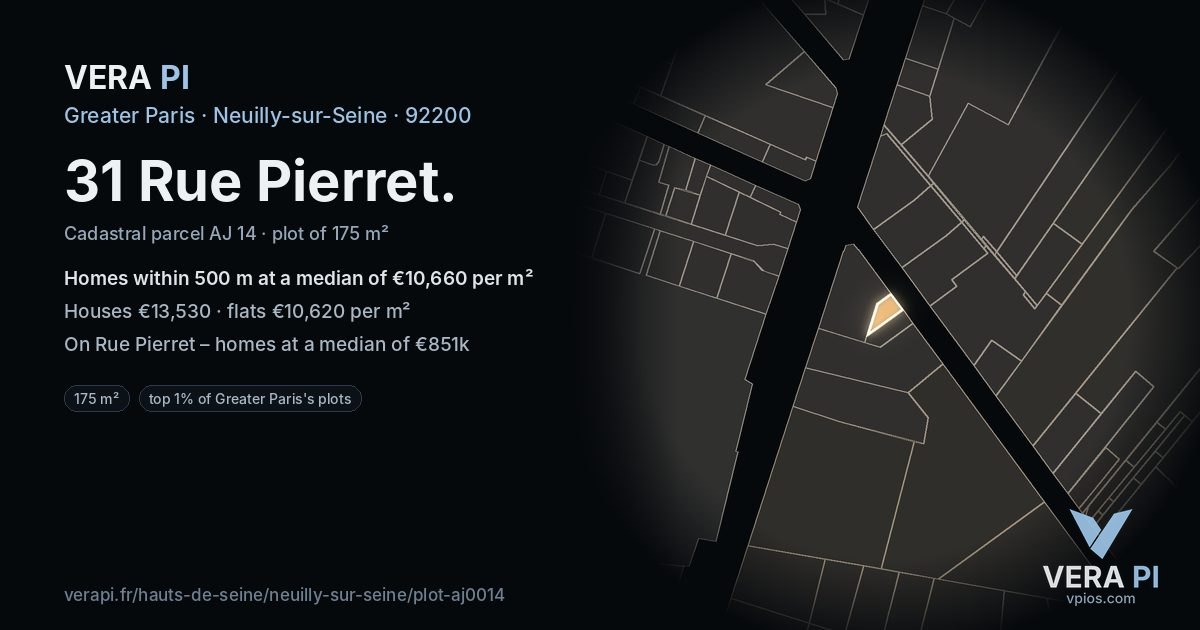 31 Rue Pierret, Neuilly-sur-Seine at night – the plot lit, the parcels around coloured by the prices near them