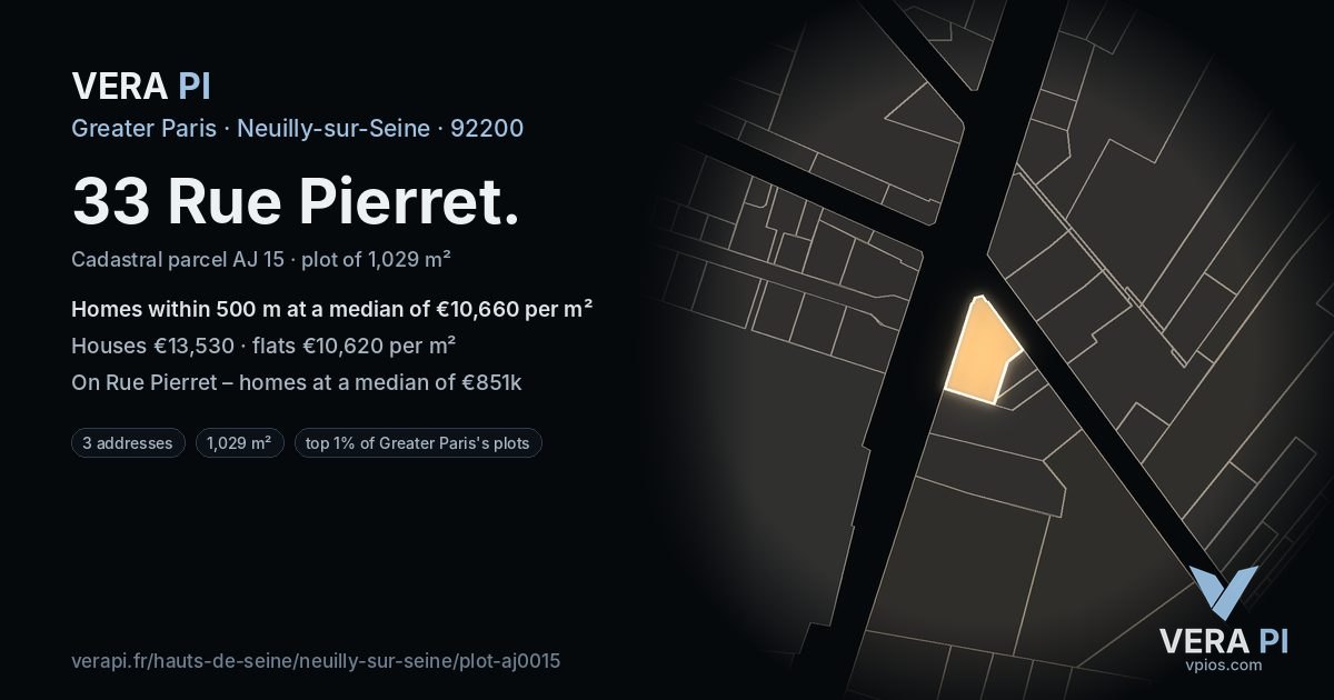 33 Rue Pierret, Neuilly-sur-Seine at night – the plot lit, the parcels around coloured by the prices near them