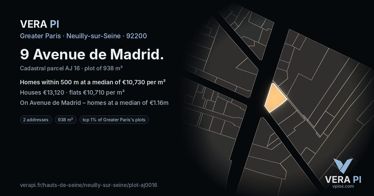 9 Avenue de Madrid, Neuilly-sur-Seine at night – the plot lit, the parcels around coloured by the prices near them