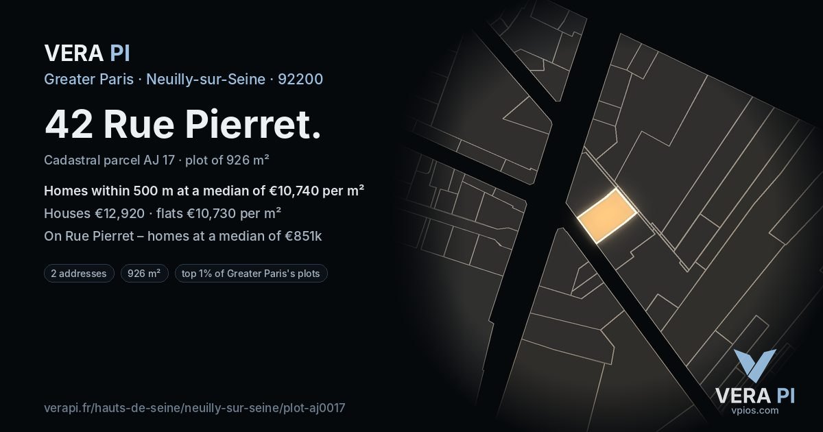 42 Rue Pierret, Neuilly-sur-Seine at night – the plot lit, the parcels around coloured by the prices near them