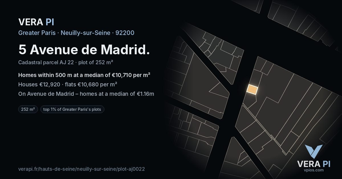 5 Avenue de Madrid, Neuilly-sur-Seine at night – the plot lit, the parcels around coloured by the prices near them