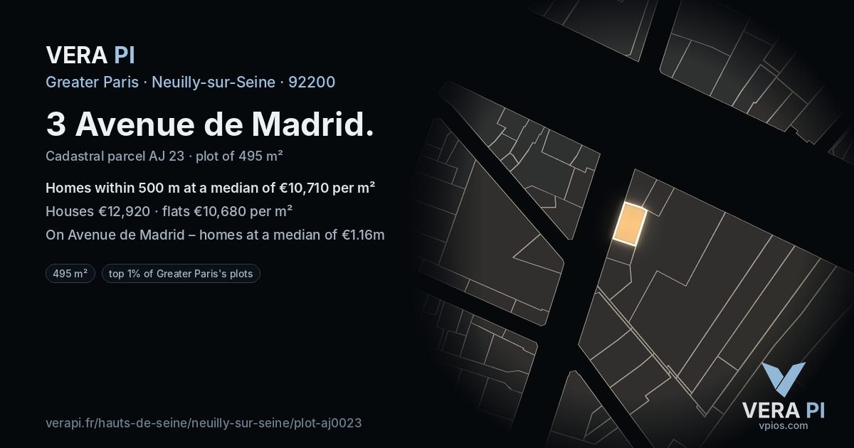 3 Avenue de Madrid, Neuilly-sur-Seine at night – the plot lit, the parcels around coloured by the prices near them