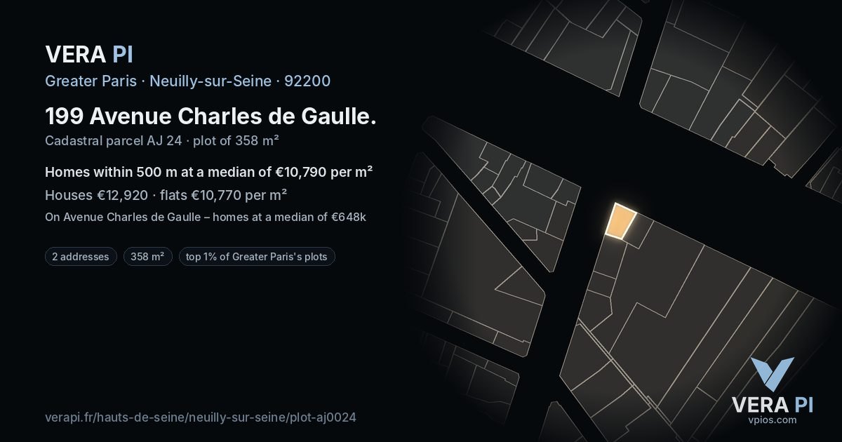 199 Avenue Charles de Gaulle, Neuilly-sur-Seine at night – the plot lit, the parcels around coloured by the prices near them