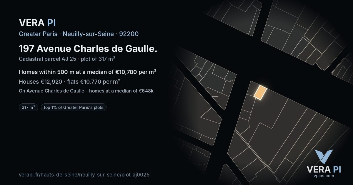 197 Avenue Charles de Gaulle, Neuilly-sur-Seine at night – the plot lit, the parcels around coloured by the prices near them