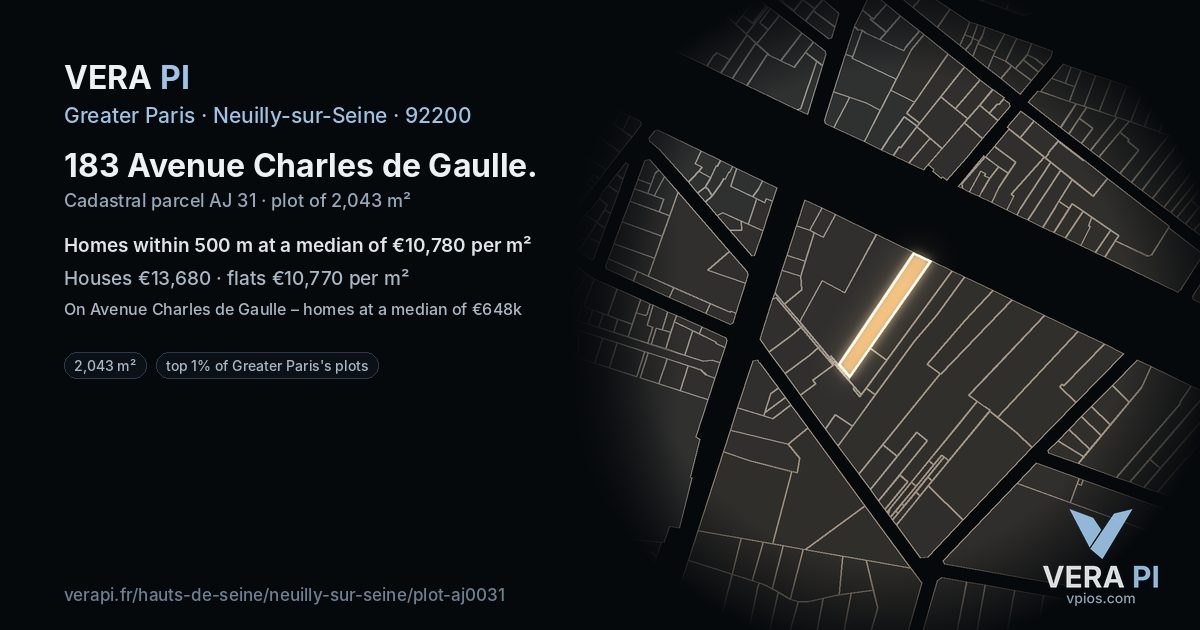 183 Avenue Charles de Gaulle, Neuilly-sur-Seine at night – the plot lit, the parcels around coloured by the prices near them