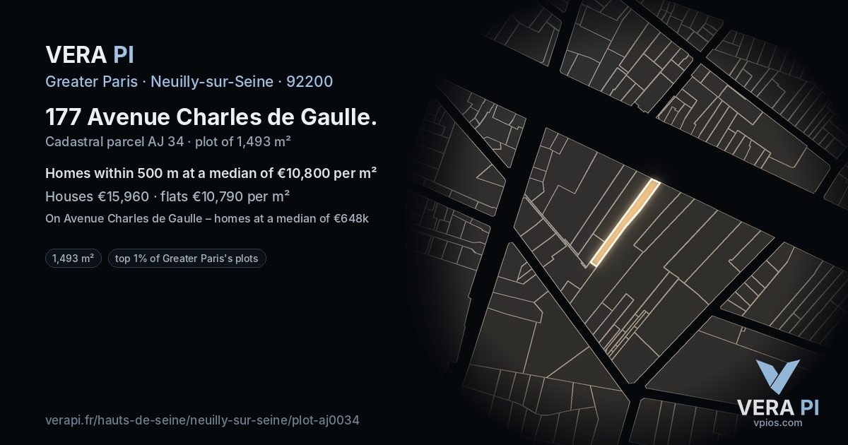 177 Avenue Charles de Gaulle, Neuilly-sur-Seine at night – the plot lit, the parcels around coloured by the prices near them