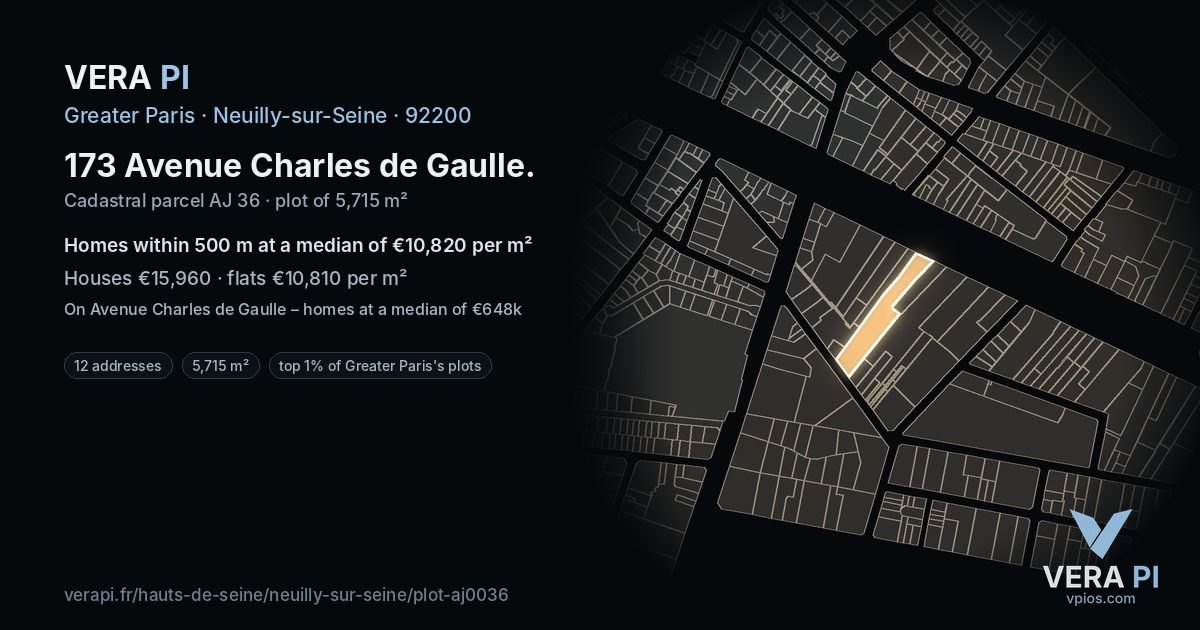 173 Avenue Charles de Gaulle, Neuilly-sur-Seine at night – the plot lit, the parcels around coloured by the prices near them