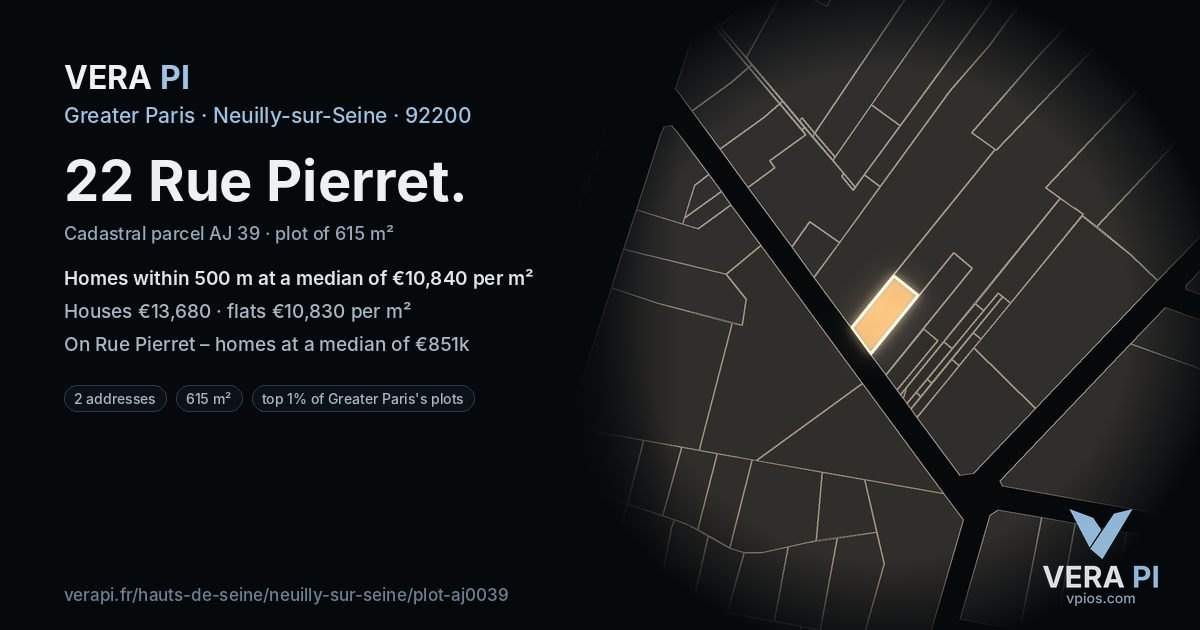 22 Rue Pierret, Neuilly-sur-Seine at night – the plot lit, the parcels around coloured by the prices near them