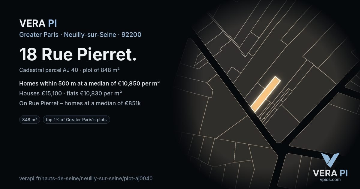 18 Rue Pierret, Neuilly-sur-Seine at night – the plot lit, the parcels around coloured by the prices near them