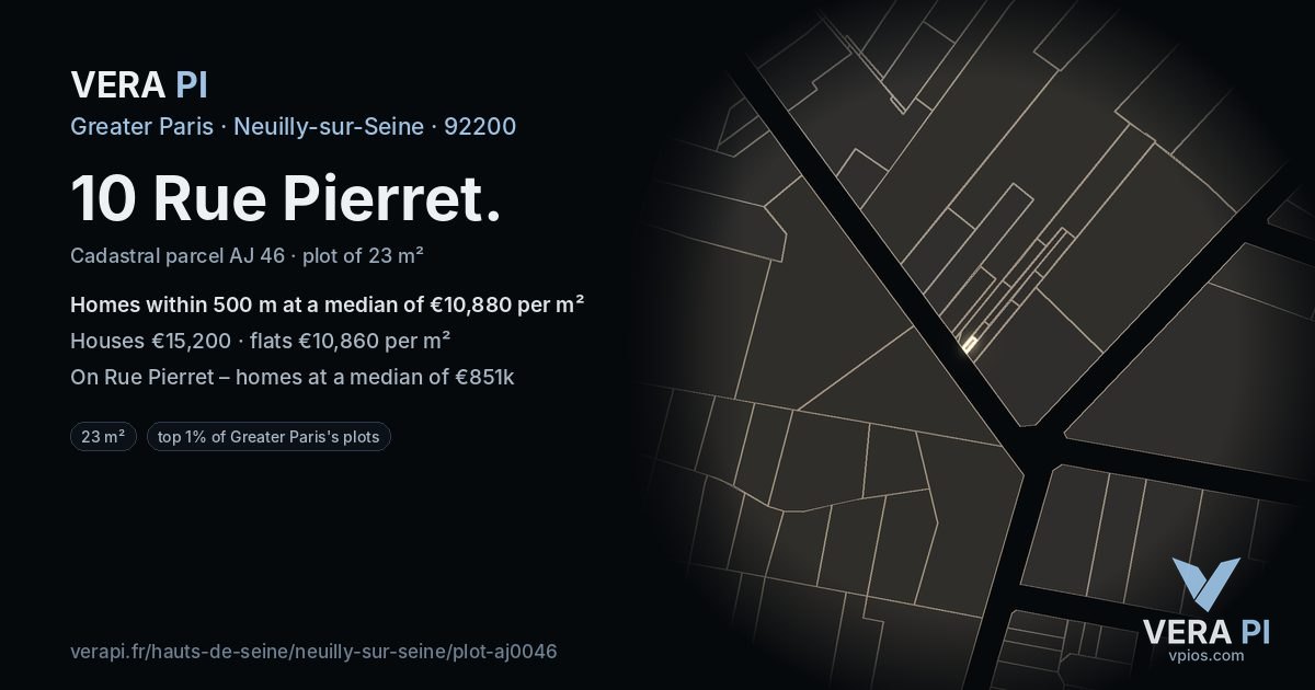 10 Rue Pierret, Neuilly-sur-Seine at night – the plot lit, the parcels around coloured by the prices near them