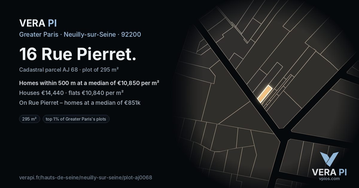 16 Rue Pierret, Neuilly-sur-Seine at night – the plot lit, the parcels around coloured by the prices near them