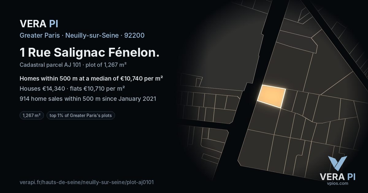 1 Rue Salignac Fénelon, Neuilly-sur-Seine at night – the plot lit, the parcels around coloured by the prices near them