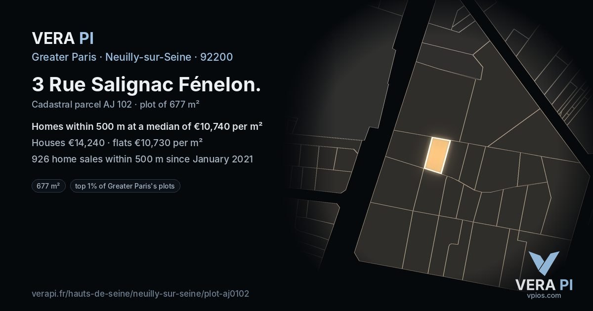 3 Rue Salignac Fénelon, Neuilly-sur-Seine at night – the plot lit, the parcels around coloured by the prices near them