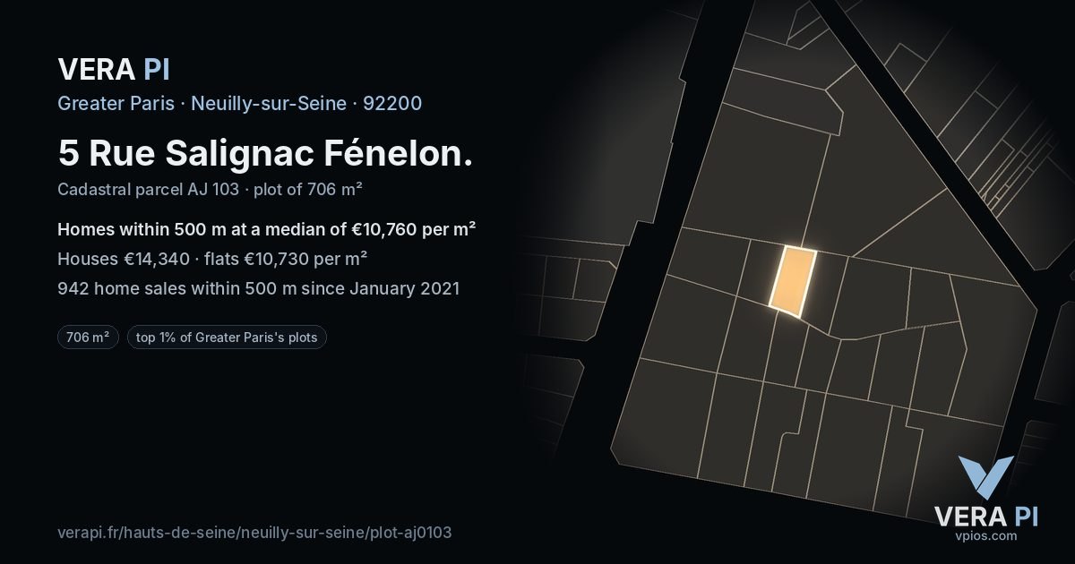 5 Rue Salignac Fénelon, Neuilly-sur-Seine at night – the plot lit, the parcels around coloured by the prices near them
