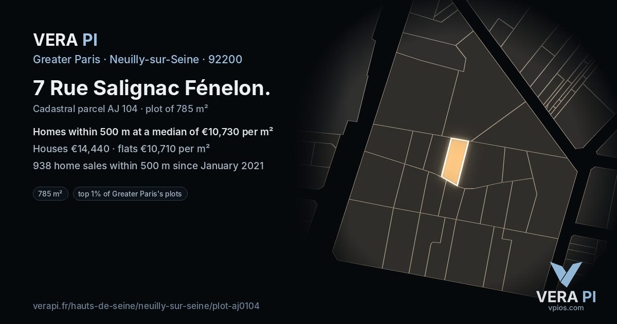 7 Rue Salignac Fénelon, Neuilly-sur-Seine at night – the plot lit, the parcels around coloured by the prices near them