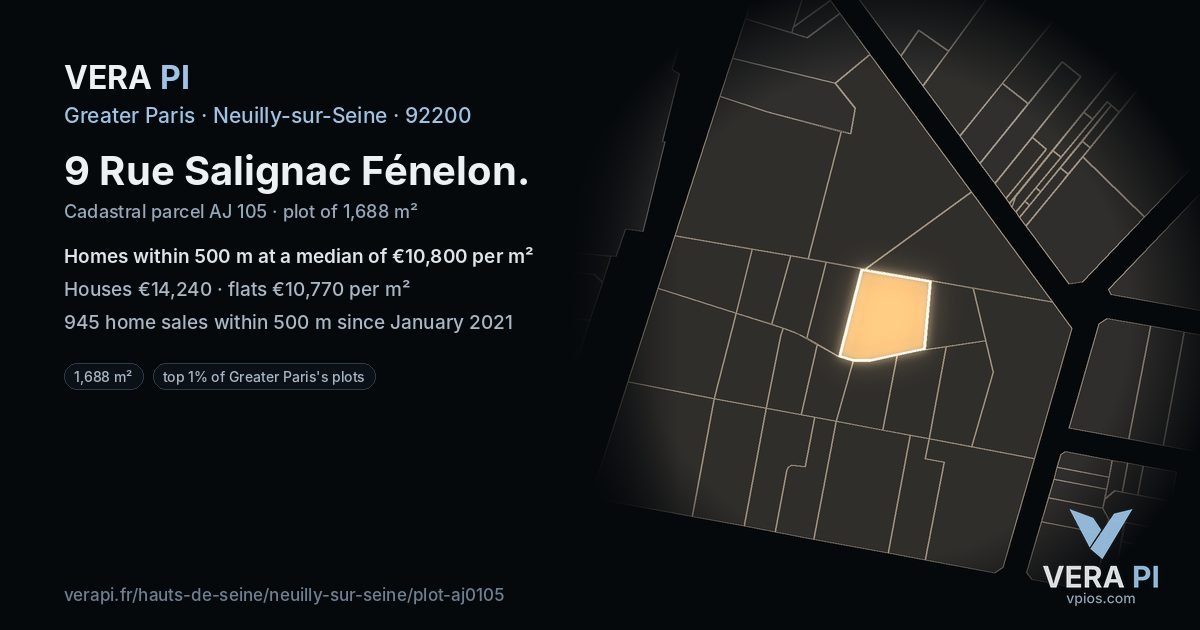 9 Rue Salignac Fénelon, Neuilly-sur-Seine at night – the plot lit, the parcels around coloured by the prices near them